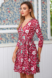 Red Floral Leaf Print Wrap Dress