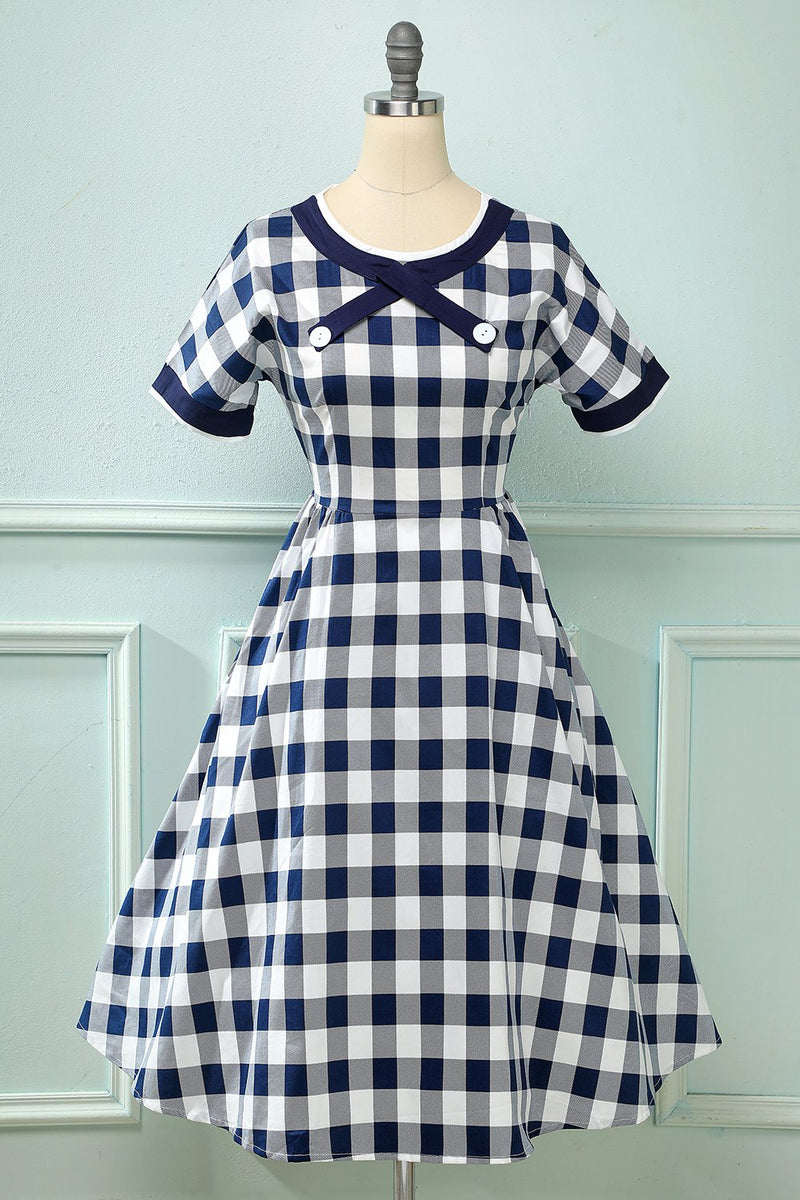 Load image into Gallery viewer, Red Plaid Boat Neck 1950s Dress