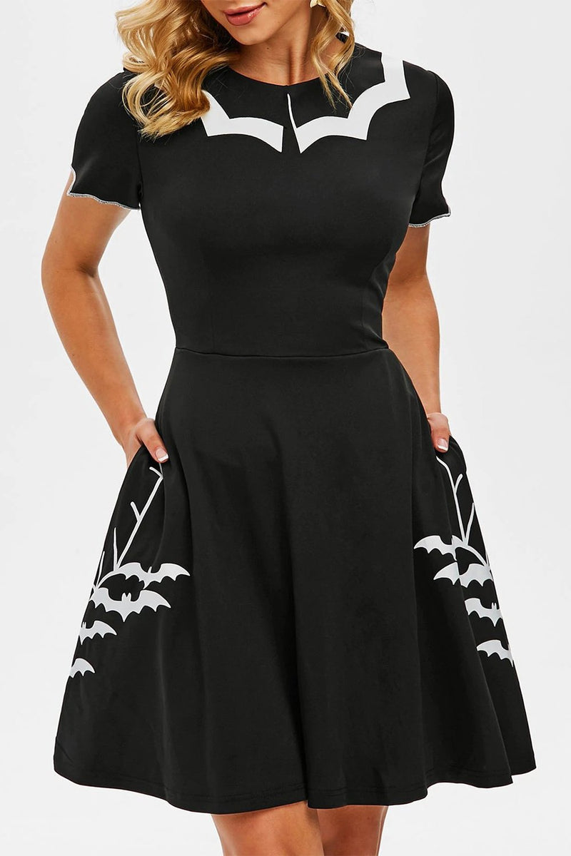 Load image into Gallery viewer, Black Bat Print Halloween Dress