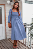 Long Sleeves Blue Casual Dress