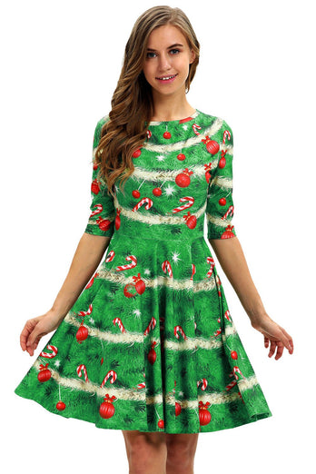 Green Print Christmas Vintage Dress
