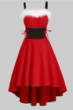 Red Vintage Christmas Party Dress with Feather