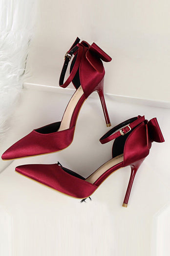 Burgundy Satin Prom Heels with Bowknot