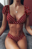 Puff Sleeve Polka Dot V-Neck Bikini