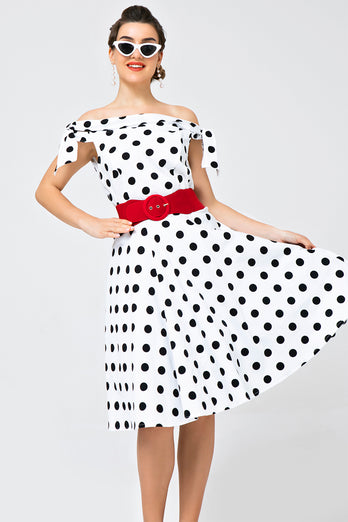 White Off-shoulder Dress with Black Polka Dots
