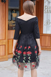 Black V Neck Vintage Dress with Rose Embroidery