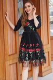 Black V Neck Vintage Dress with Rose Embroidery