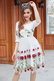 White V Neck Vintage Dress with Rose Embroidery