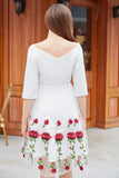 White V Neck Vintage Dress with Rose Embroidery