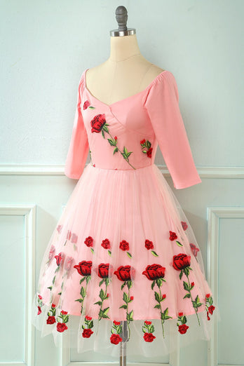 Embroidered Rose Lace Mesh Vintage Dress
