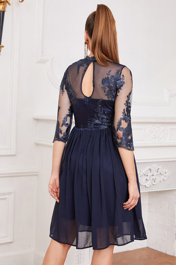 Navy Long Sleeves Lace Dress