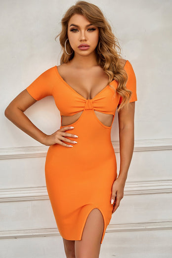 Sexy V Neck Orange Cocktail Dress