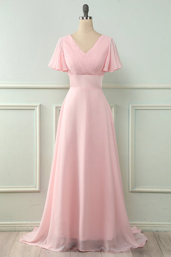 V Neck Pink Bridesmaid Dress with Ruffles