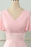 V Neck Pink Bridesmaid Dress with Ruffles