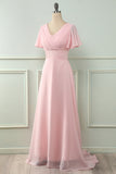 V Neck Pink Bridesmaid Dress with Ruffles