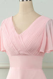 V Neck Pink Bridesmaid Dress with Ruffles