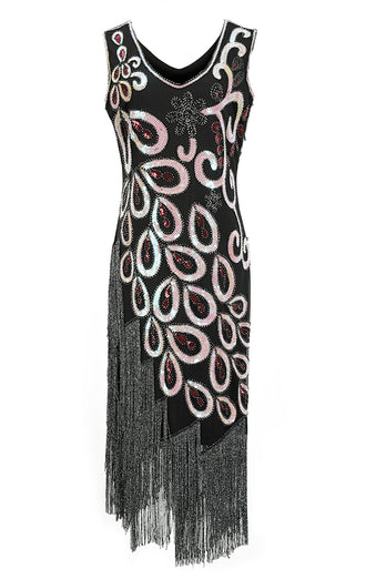 Burgundy Asymmetrical V Neck 1920s Flapper Dress
