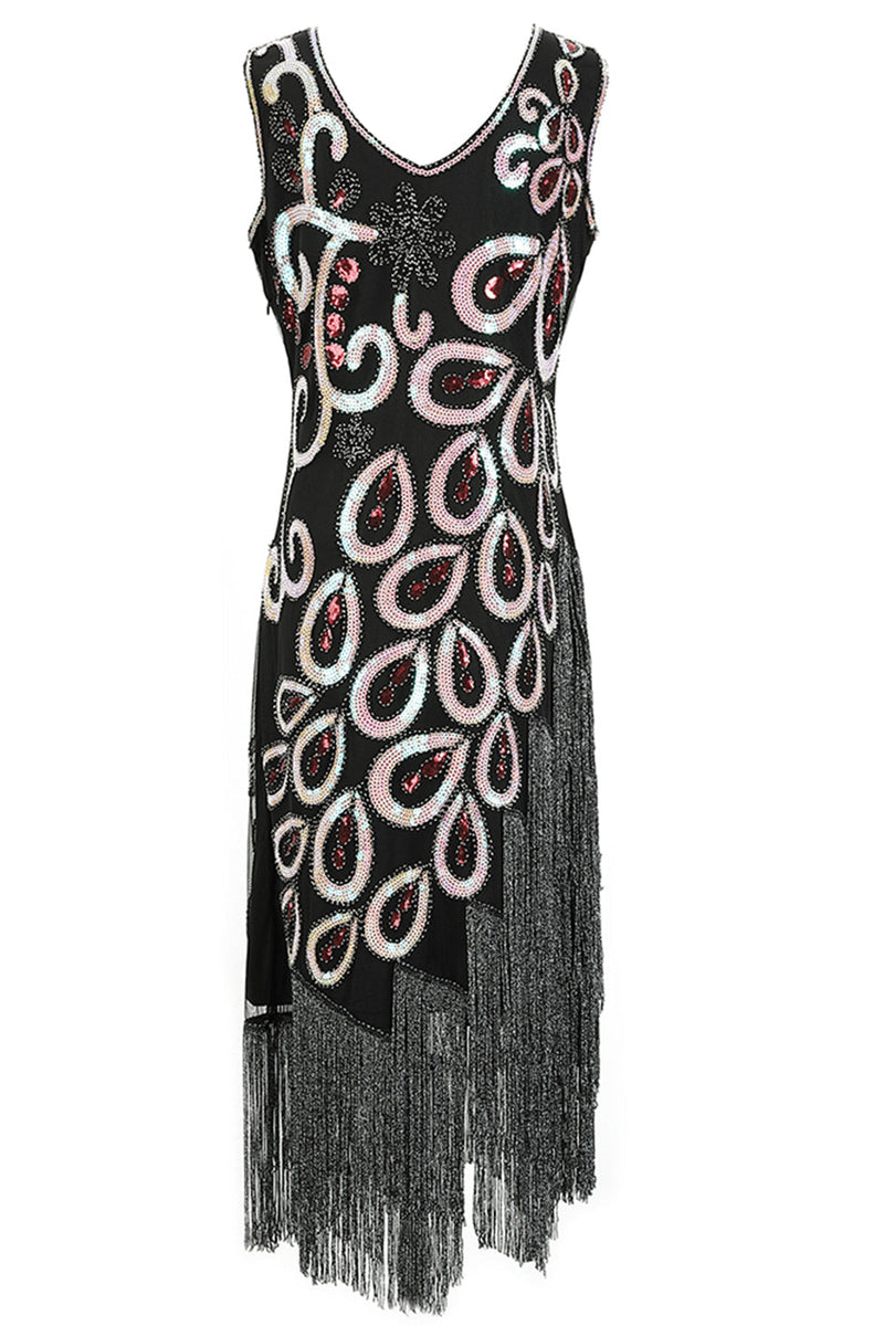 Load image into Gallery viewer, Burgundy Asymmetrical V Neck 1920s Flapper Dress