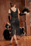 Black V-Neck Fringe Sequins Gatsby 1920s Flapper Dress