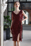 Burgundy Bodycon Sequin Cocktail Party Dress with Fringe