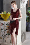 Burgundy Bodycon Sequin Cocktail Party Dress with Fringe