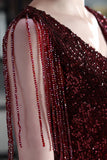 Burgundy Bodycon Sequin Cocktail Party Dress with Fringe