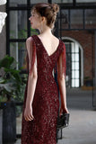 Burgundy Bodycon Sequin Cocktail Party Dress with Fringe