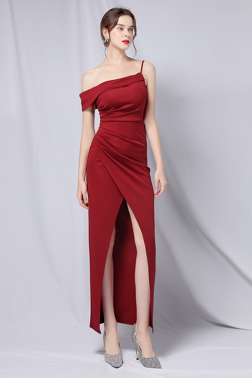 Burgundy One Shoulder Formal Dress with Slit