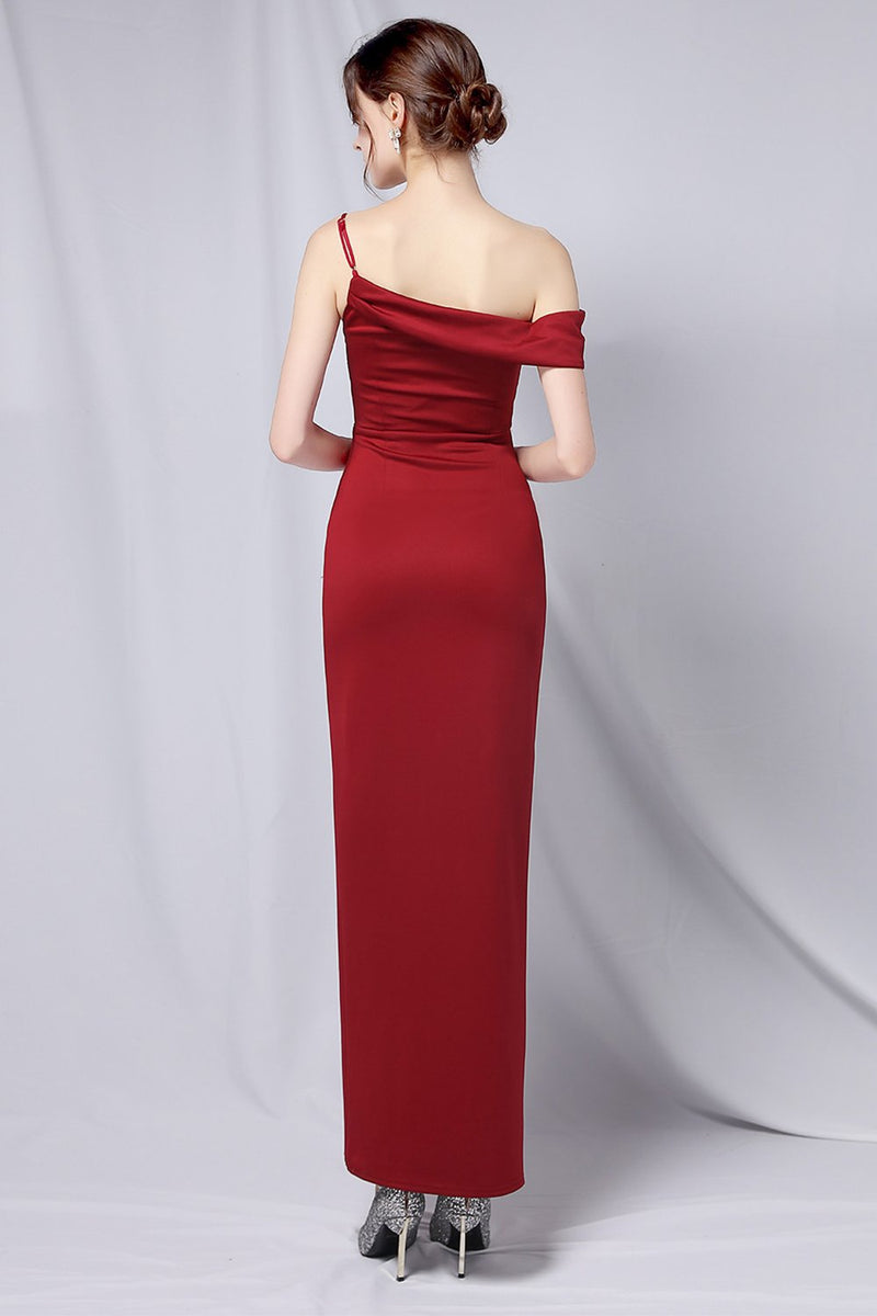 Load image into Gallery viewer, Burgundy One Shoulder Formal Dress with Slit