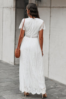 V-neck Long White Lace Dress