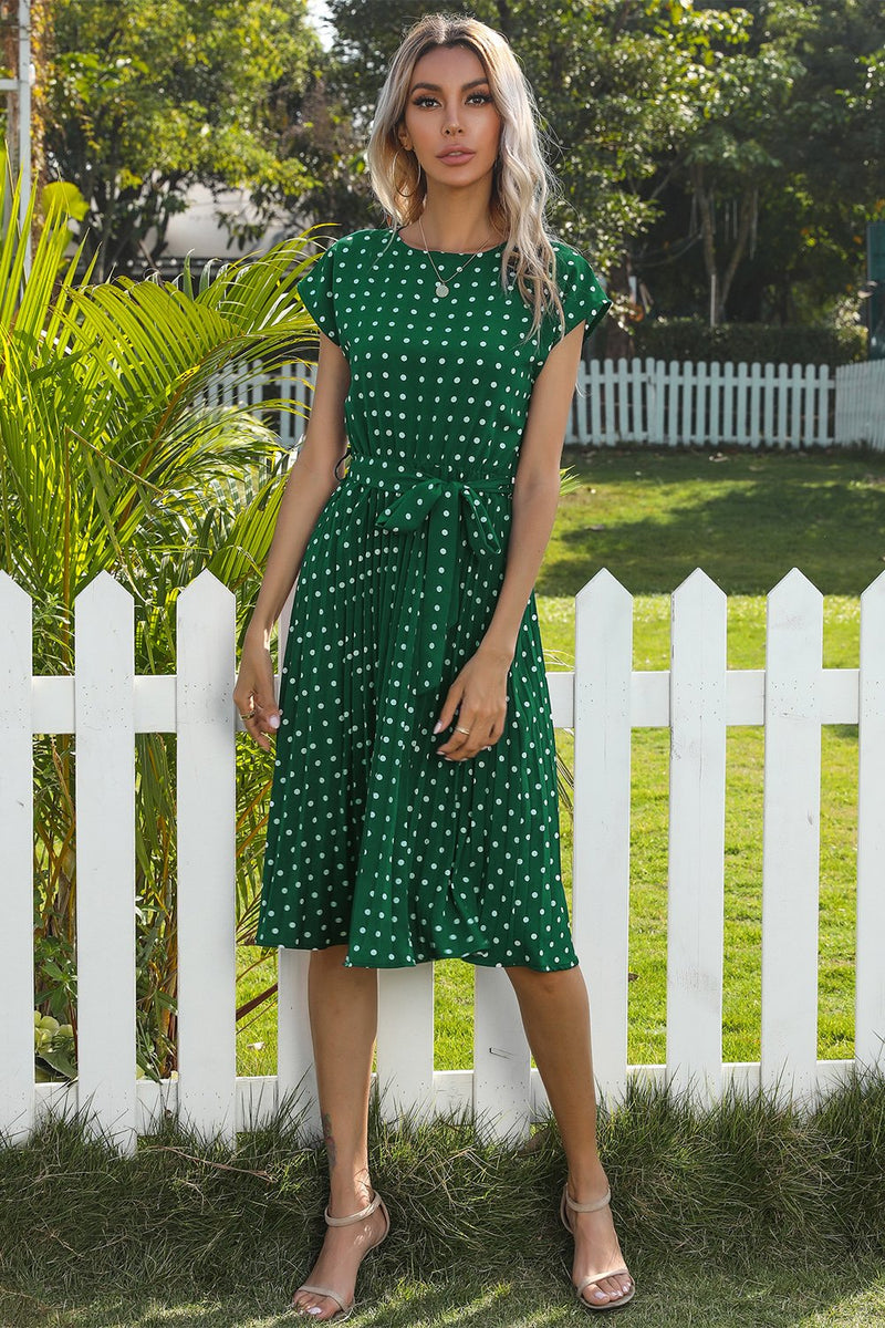 Load image into Gallery viewer, Green Polka Dots Midi Summer Dress