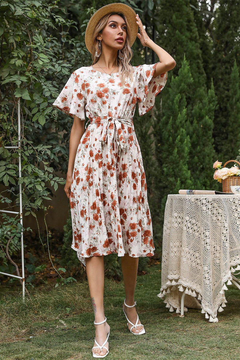 Load image into Gallery viewer, Round Neck Red Flower Print Boho Dress