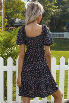 Floral Square Neck Bubble Short Sleeves Boho Dress