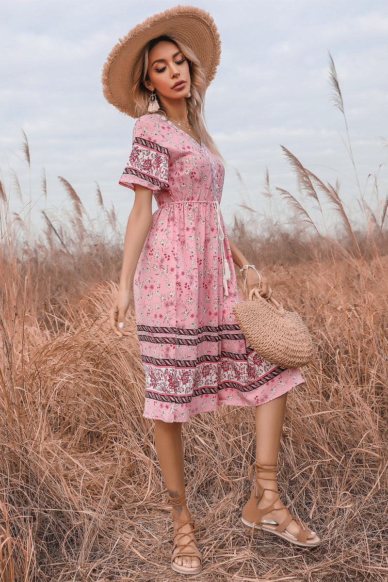Load image into Gallery viewer, Pink Floral Print Summer Dress