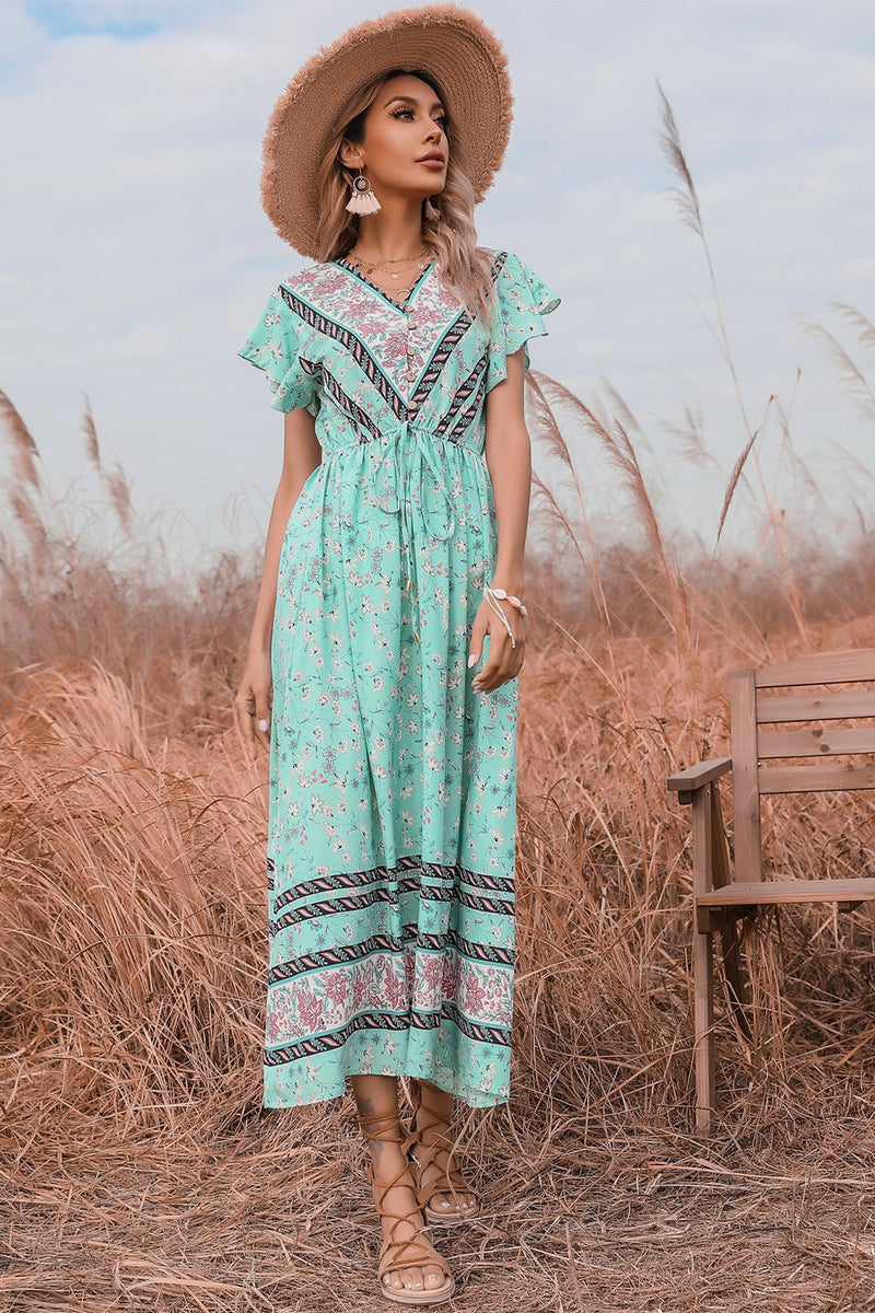 Load image into Gallery viewer, Green V-neck Print Maxi Summer Dress