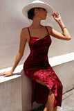 Burgundy Velvet Party Dress with Slit