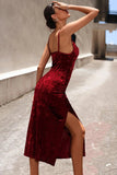 Burgundy Velvet Party Dress with Slit