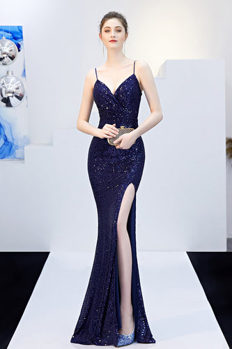 Sequins Spaghetti Straps Formal Dress with Slit