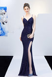 Sequins Spaghetti Straps Formal Dress with Slit