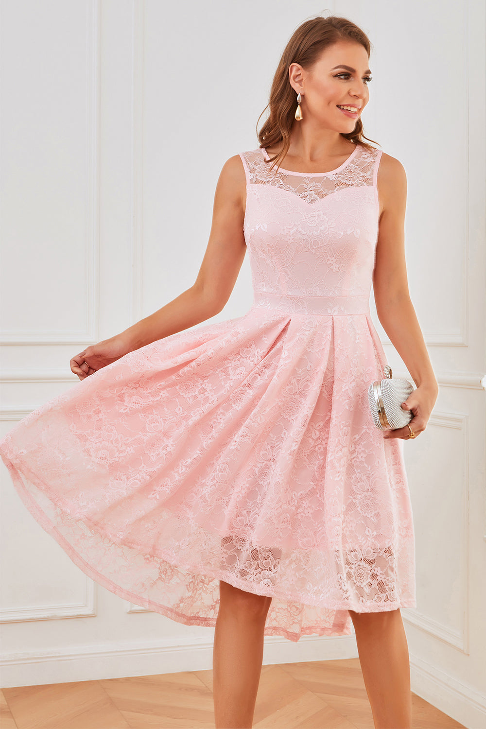 Pink Sleeveless Lace Dress