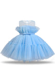 Blue A-line Tulle Flower Girl Dress with Bow