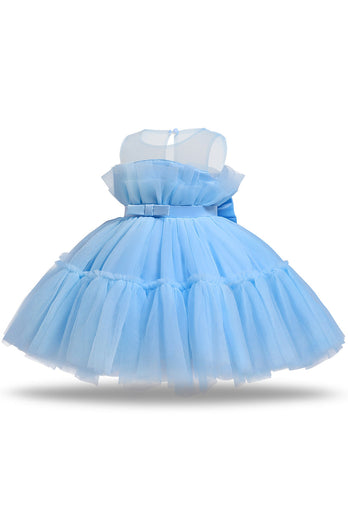 Blue A-line Tulle Flower Girl Dress with Bow