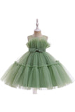 Green Round Neck Tulle Flower Girl Dress with Bowknot