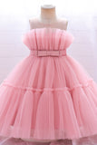 Green Round Neck Tulle Flower Girl Dress with Bowknot