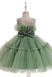 Green Round Neck Tulle Flower Girl Dress with Bowknot