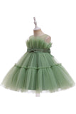 Green Round Neck Tulle Flower Girl Dress with Bowknot