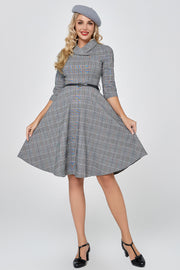 Dark Grey Vintage Plaid 1950s Swing Party Dress with Sleeves