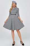 Dark Grey Vintage Plaid 1950s Swing Party Dress with Sleeves