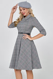 Dark Grey Vintage Plaid 1950s Swing Party Dress with Sleeves