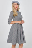 Dark Grey Vintage Plaid 1950s Swing Party Dress with Sleeves